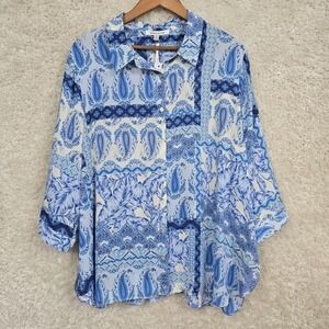 Rose Olive Top Women 2X Blue Button Up Long Sleeve Paisley Patchwork Lightweight